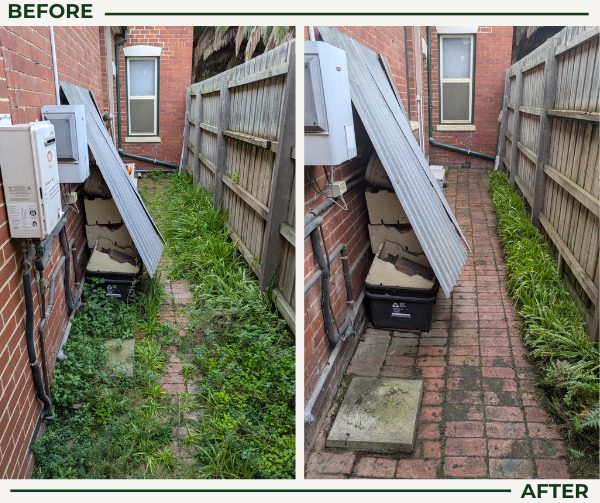 Before and after garden clean up: weeds cleared to reveal a brick side path