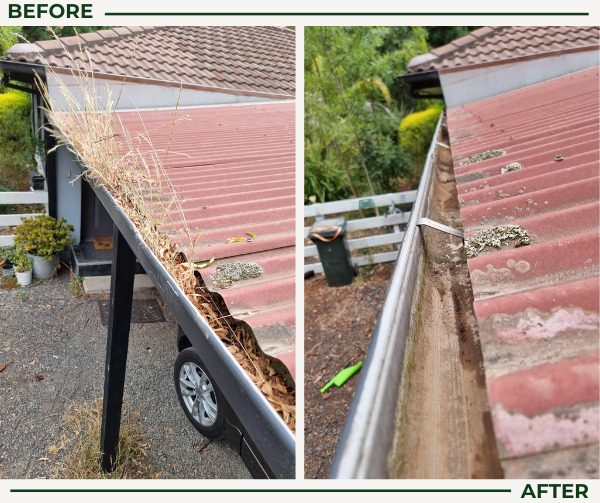 Before and after gutter cleaning: heavy leaf litter cleared from a roof gutter
