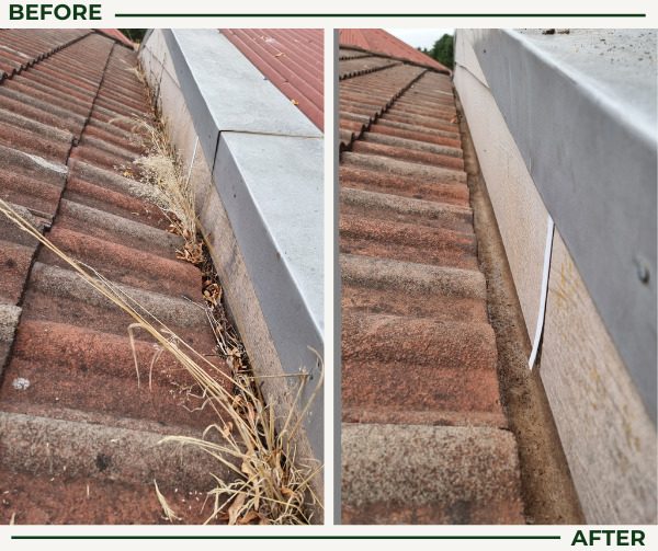 Before and after gutter cleaning: grass and debris removed from a blocked gutter
