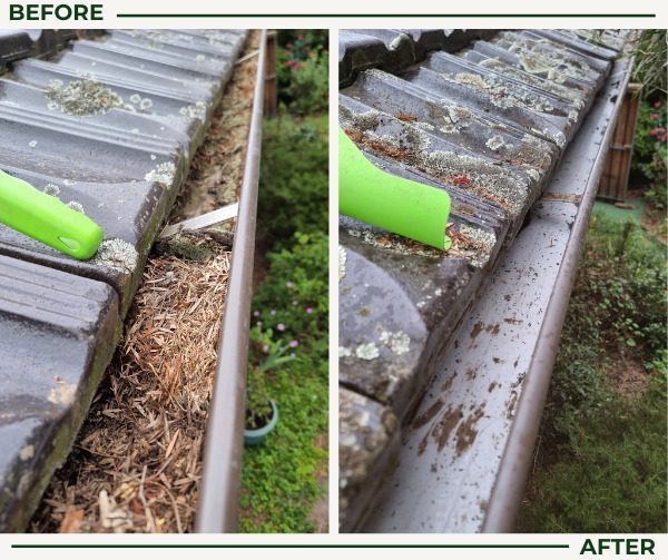 Before and after gutter cleaning: moss and built-up debris cleared from a roof gutter
