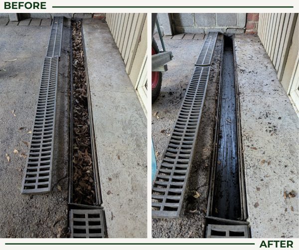 Before and after drain cleaning: a blocked grated channel drain cleared