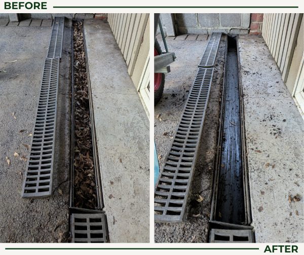 Before and after drain cleaning: a blocked grated channel drain cleared