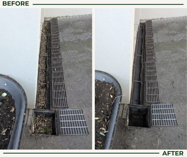 Before and after drain cleaning: a silted strip drain cleared along a wall