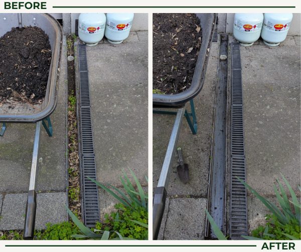 Before and after drain cleaning: debris removed from a grated ground drain