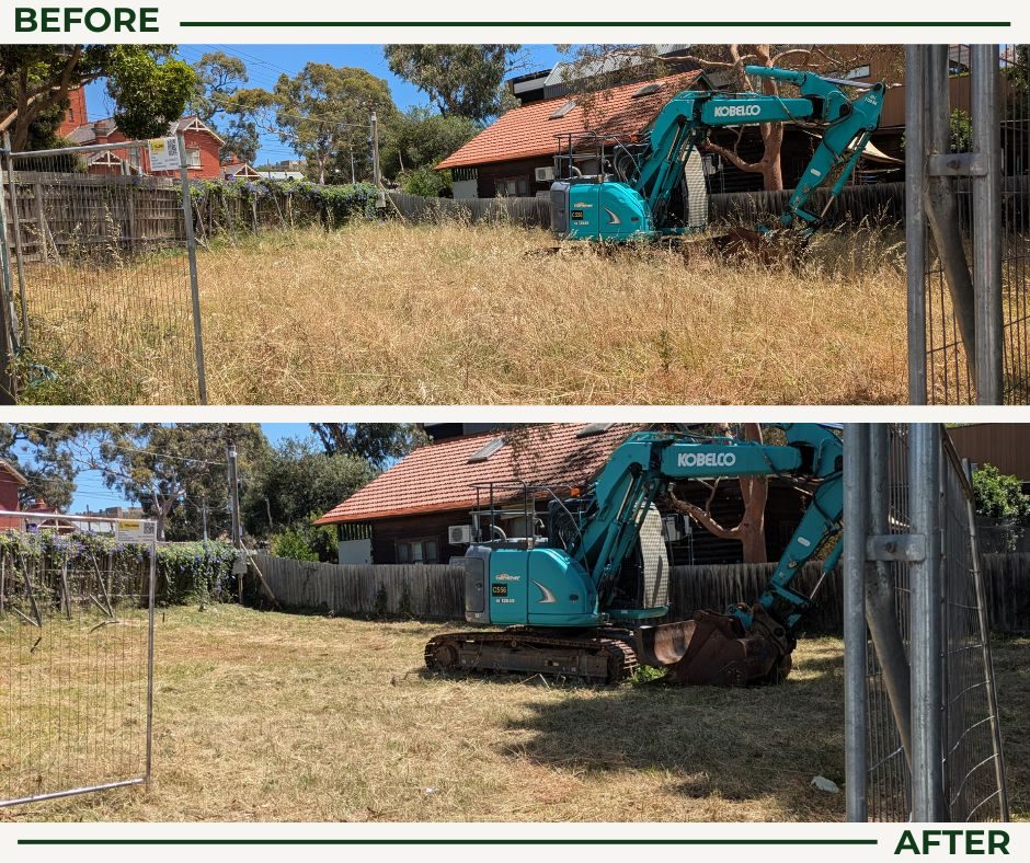 Before and after lawn mowing at a Viewbank property: long dry grass cleared around a work site